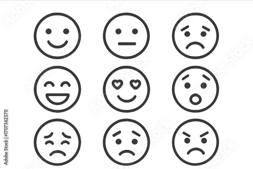 Set of emotional face icons. Simple line art emoticons with a range of expressions. Vector emoji collection. Happy, sad, angry, love, surprised, neutral smileys. Minimal design.
