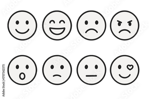Simple line art emoji set with different expressions for messaging and design. Vector cartoon illustration of emoticons. Happy, sad, angry, love, surprised faces icons.
