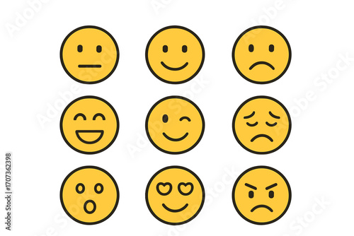 Vector emoji set, simple linear emoticons. Facial expression icons for feedback. Happy, sad, angry, love face. Mood concept. Customer review satisfaction scale illustration.