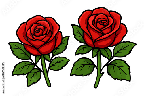Two red roses vector icon set. Floral cartoon illustration. Symbol of love, romance, beauty, passion. For Valentine's day, wedding, anniversary. Isolated nature design.
