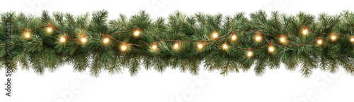 Festive garland made of fir tree branches adorned with glowing lights creates warm and inviting atmosphere, perfect for holiday decorations