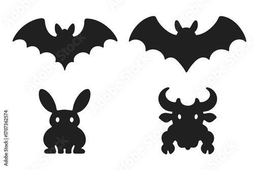 Set of black silhouettes for psychological test. Rorschach inkblot with bat, rabbit, bull shapes. Symmetric icons for Halloween design or psychoanalysis concept. Vector.