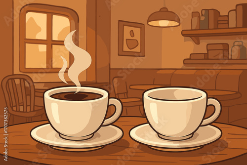 Two coffee cups in a cozy cafe, one full with hot steam, one empty. Coffee break or date concept. Morning beverage in a coffeehouse. Before and after metaphor. Vector cartoon.