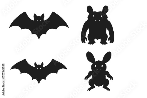 Rorschach inkblot test concept with bat, monster, and rabbit silhouettes. Psychological vector set for halloween design, mental health, therapy, depression, or psychoanalysis.