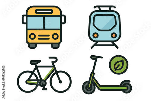 Eco friendly urban transport icons. Sustainable public and personal mobility concept. Vector line art of bus, tram, bicycle, and electric scooter for green city travel. Set illustration.