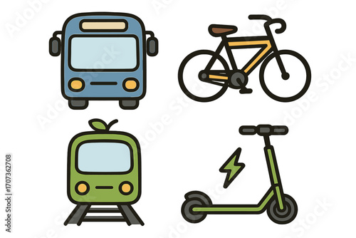 Urban transport icons for public mobility and eco-friendly travel. Vector cartoon illustration set with bus, bicycle, green train, and electric scooter symbols for sustainable city life.
