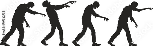 Silhouettes of zombies walking in creepy poses, arms stretched forward. Classic undead horror figures for Halloween designs, spooky art, and apocalyptic themes. Perfect for posters, comics, and decora