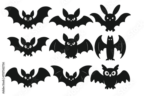 Set of black bat silhouettes for Halloween. Spooky and cute cartoon vector icons. Collection of various flying bats, an owl bat, and a bat with bunny ears for design.