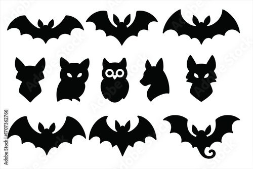 Halloween spooky animals silhouette set. Black icon collection with bat, owl, fox, wolf. Nocturnal creatures vector graphic design elements for scary horror party decoration.