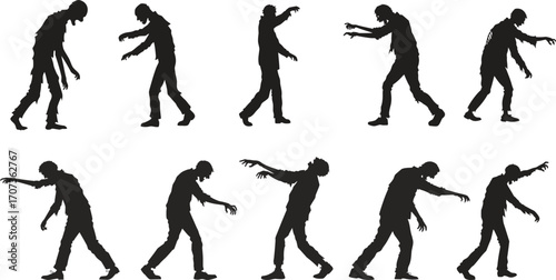 Set of zombie silhouettes in different walking poses with arms extended forward. Classic undead figures perfect for horror, Halloween, and apocalyptic designs. Great for posters, comics, and digital 