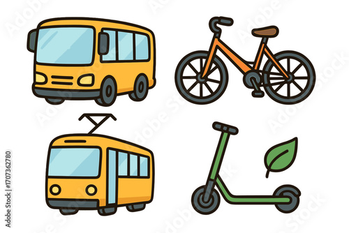 Urban transport icon set for public mobility and eco-friendly travel. Vector cartoon illustrations of bus, tram, bicycle, and electric scooter for green city transit concepts.