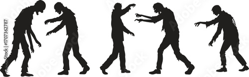 Silhouettes of zombies walking in creepy poses, arms stretched forward. Classic undead horror figures for Halloween designs, spooky art, and apocalyptic themes. Perfect for posters, comics, and decora