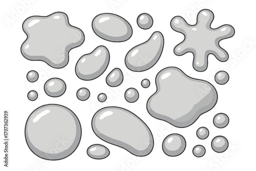 Silver metallic liquid drops and chrome blobs. Abstract mercury metal splashes. Fluid shiny shapes collection. Vector graphic design elements isolated on white background.
