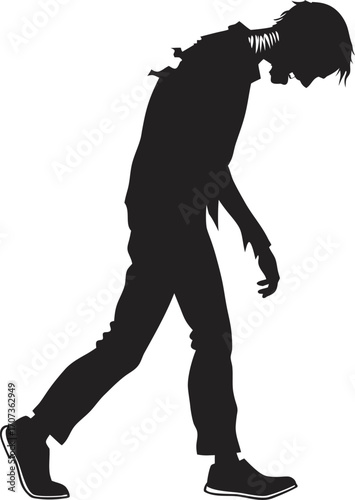 Creepy zombie silhouette walking forward with hunched posture. Undead horror figure in tattered clothing isolated on white background. Perfect for Halloween, horror art, and spooky designs.