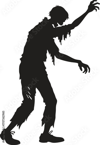 Creepy zombie illustration in black and white, shuffling forward with torn clothes. Classic undead monster with skeletal features for horror art and Halloween themes. Perfect for spooky designs 