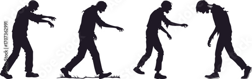 Silhouettes of zombies walking in creepy poses, arms stretched forward. Classic undead horror figures for Halloween designs, spooky art, and apocalyptic themes. Perfect for posters, comics, and decora