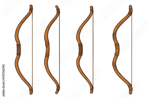 Set of four vintage wooden longbows. Traditional archery weapon illustration. Historic hunting equipment. Medieval fantasy arms concept. Hand-drawn cartoon vector graphic.