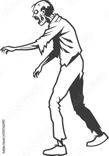 Creepy zombie illustration in black and white, shuffling forward with torn clothes. Classic undead monster with skeletal features for horror art and Halloween themes. Perfect for spooky designs 