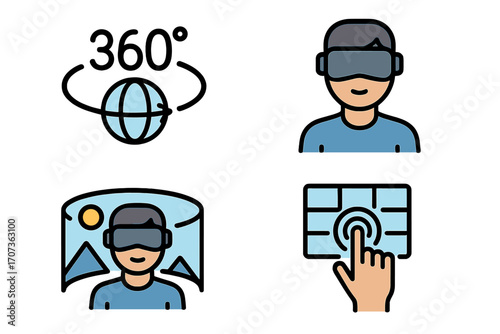 Virtual reality icons set with 360 degree view, immersive experience, and interactive technology. Man with VR headset. Augmented reality, metaverse, and gaming concept vector.