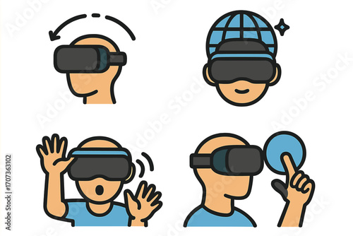 VR virtual reality icon set. Metaverse and augmented reality concept. Man wearing headset glasses for 360 degree immersive experience. Future interactive technology simulation.