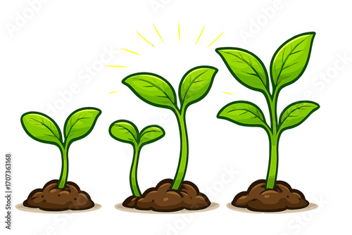 Plant growth stages vector illustration set. Seedling growing from soil. Concept of development, evolution, progress, new life, business startup, and investment success.