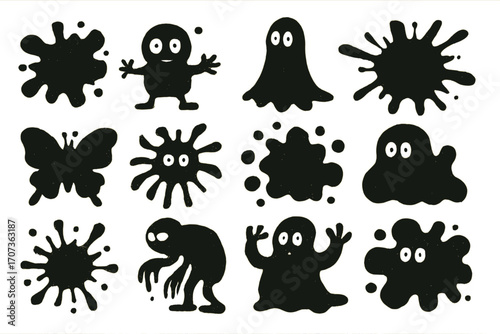 Set of black ink blot characters. Cute monster, ghost, and spooky figure silhouettes. Abstract liquid splash shapes and splatters. Cartoon vector collection for Halloween design.