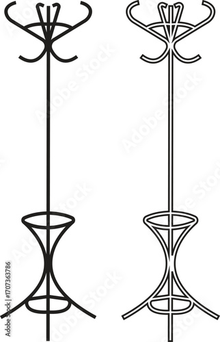 Coat stand hat rack flat, outline icons set, Modern clothes hanger furniture silhouette, wardrobe organizer hall tree, minimalist entryway storage designs group and home interior vectors illustration.