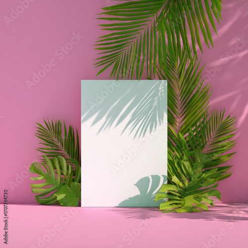 Lush tropical leaves frame a blank, pale-green rectangle against a pink background, sun-dappled with shadows, for a clean, modern aesthetic