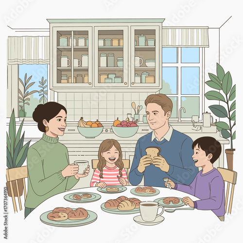 A happy family enjoying breakfast together in a cozy kitchen, flat 2D illustration, warm and cheerful atmosphere, parents and children smiling, delicious bread and pastries on the table, bright window