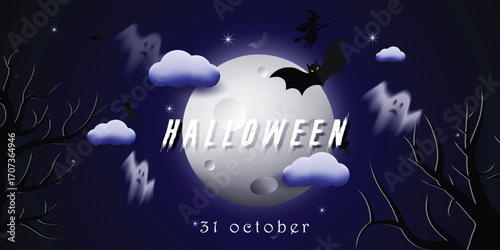Happy Halloween celebration background design vector with moon, bats, clouds, and a tree. Dark Halloween poster template with a witch, bats, and a haunted night. Editable Halloween banner design art. 