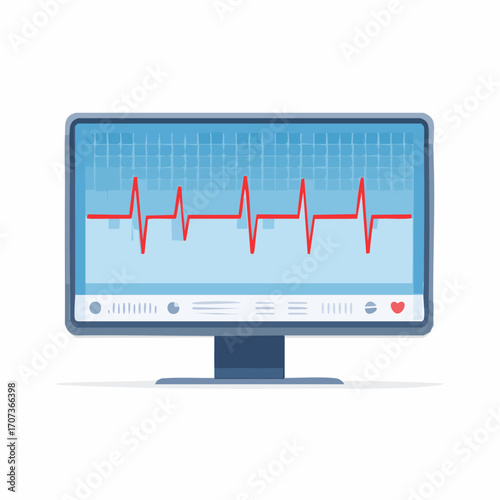 Minimalist flat vector close-up of an EKG heart monitor screen, displaying heartbeat line and vital signs in blue and red tones