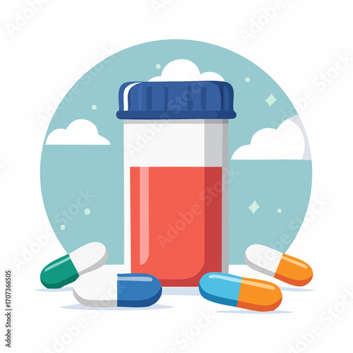 Flat vector illustration of a pill bottle and scattered capsules in close-up, vibrant full-color design with modern flat shading