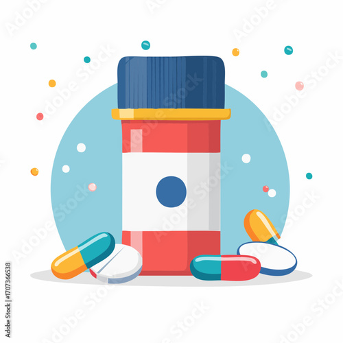 Flat vector illustration of a pill bottle and scattered capsules in close-up, vibrant full-color design with modern flat shading