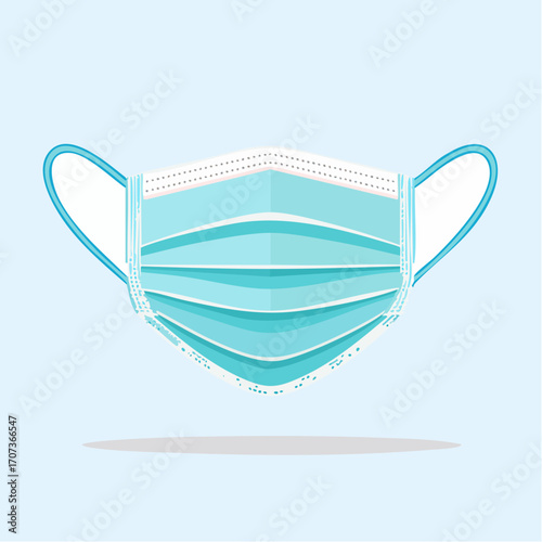 Clean flat vector of a medical face mask in close-up, showing detailed folds and ear loops, simple healthcare icon style
