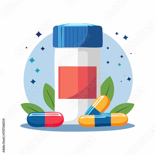 Flat vector illustration of a pill bottle and scattered capsules in close-up, vibrant full-color design with modern flat shading
