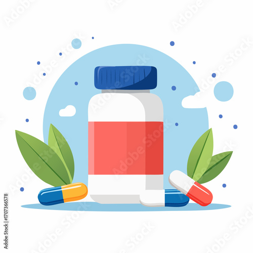 Flat vector illustration of a pill bottle and scattered capsules in close-up, vibrant full-color design with modern flat shading