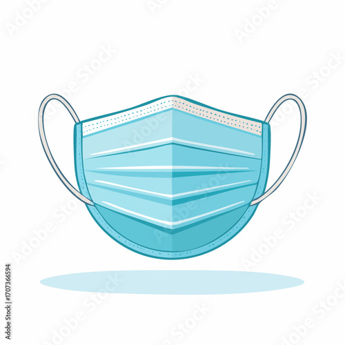 Clean flat vector of a medical face mask in close-up, showing detailed folds and ear loops, simple healthcare icon style