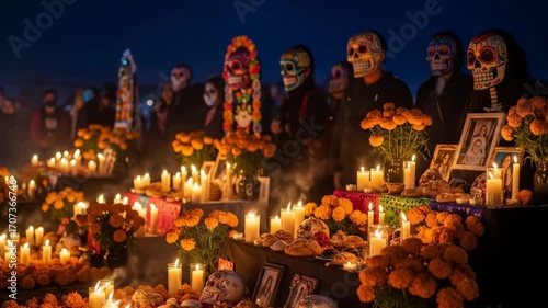 Nighttime Día de los Muertos celebration with colorful decorated skulls candles flowers and photographs