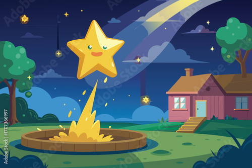 Smiling star falling into campfire at night falling star