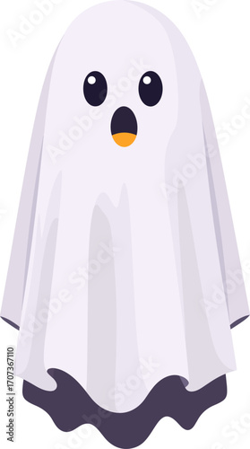 Friendly ghost character wearing a simple white sheet isolated on transparent background. Vector illustration.