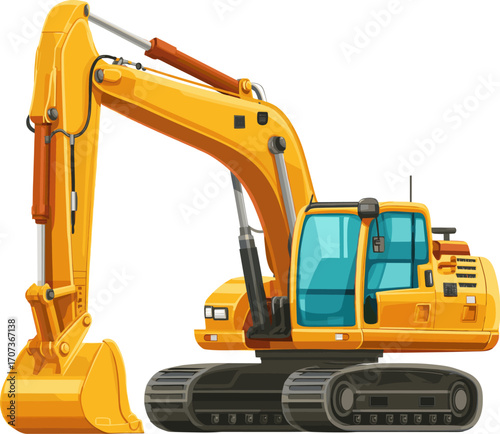 Excavator working on construction site isolated on transparent background. Vector illustration.