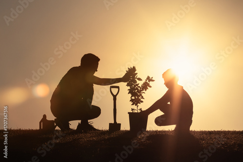 Parent Child Planting a Tree at Sunset, Symbolizing Growth, Help, and Community Spirit
