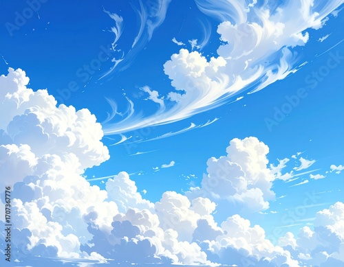 Bright, blue sky fills the frame, dotted with puffy, soft white clouds in varying sizes, creating a serene, airy atmosphere