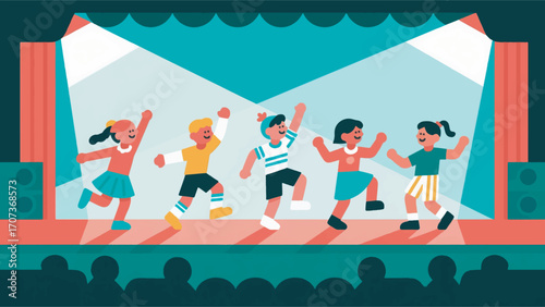 illustration of a group of children performing dance on stage vector design template