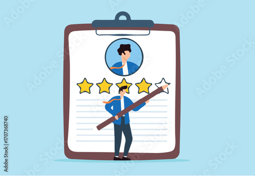 Businesswoman painting star on candidate profile highlighting top talent marking exceptional visual recognition standout hires