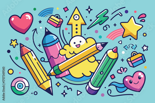 Colorful cartoon drawing of pencils hearts and stars