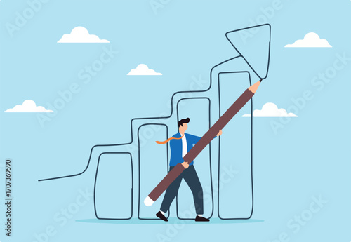 Businessman draws giant pencil to sketch growth plans concept strategic planning creativity and business development