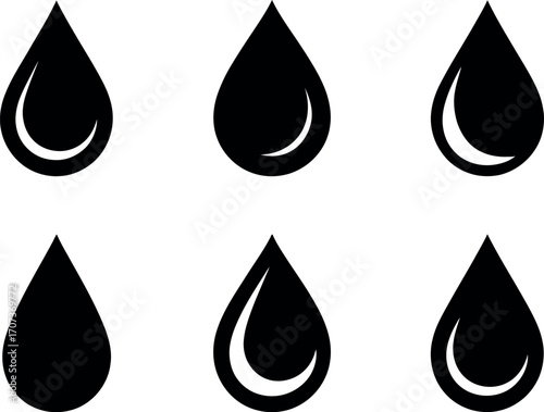 Collection of black water droplet icons in various styles