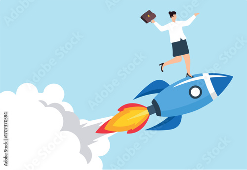 Businesswoman stands on rocket with briefcase concept ambition growth seizing opportunities