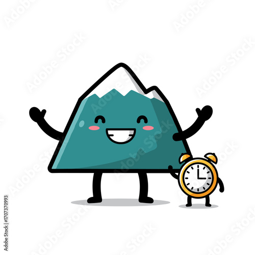 Smiling blue mountain cartoon with clock mascot